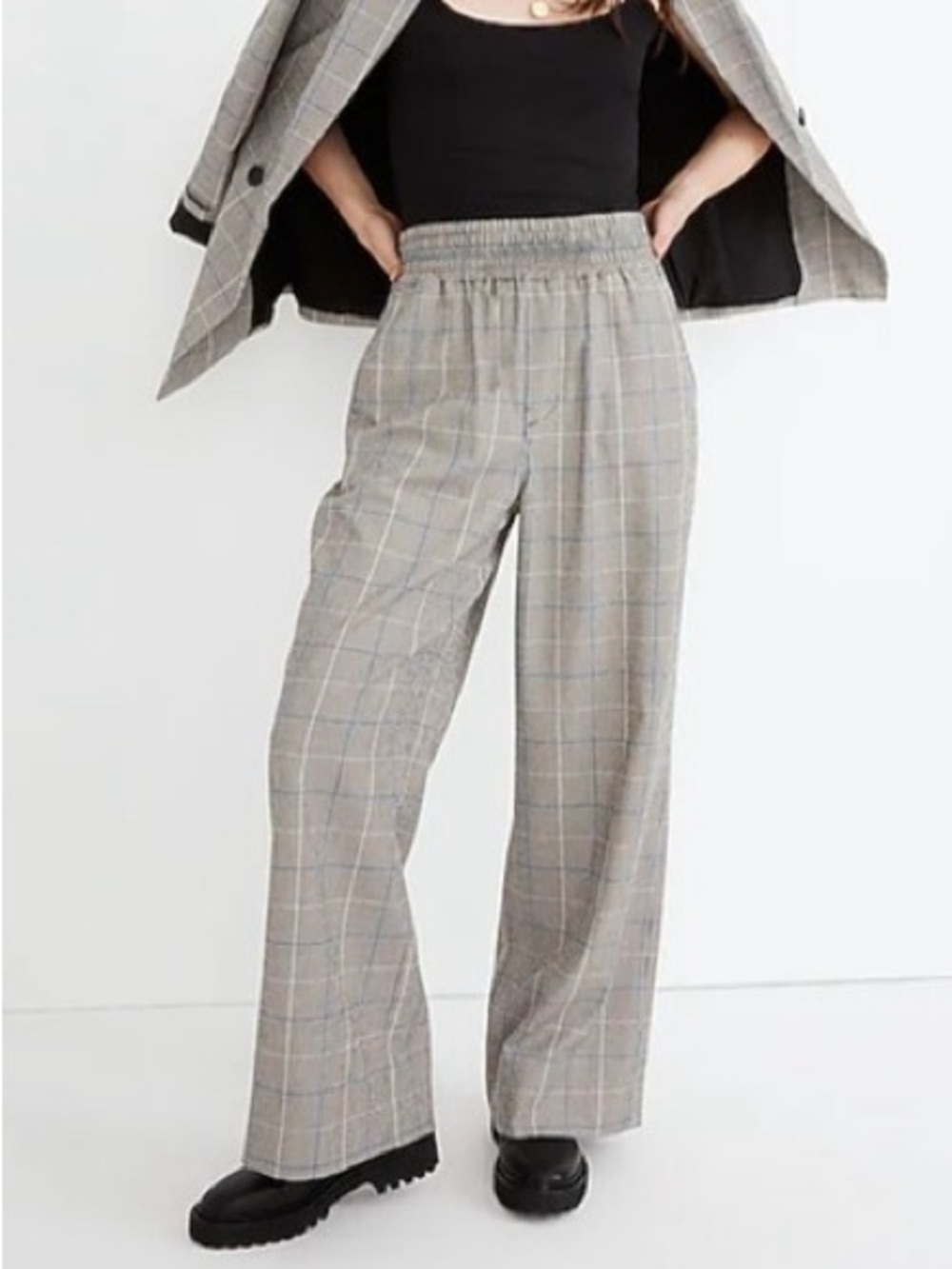 Madewell Gray Plaid Wide-Leg Elastic-Waist Pants